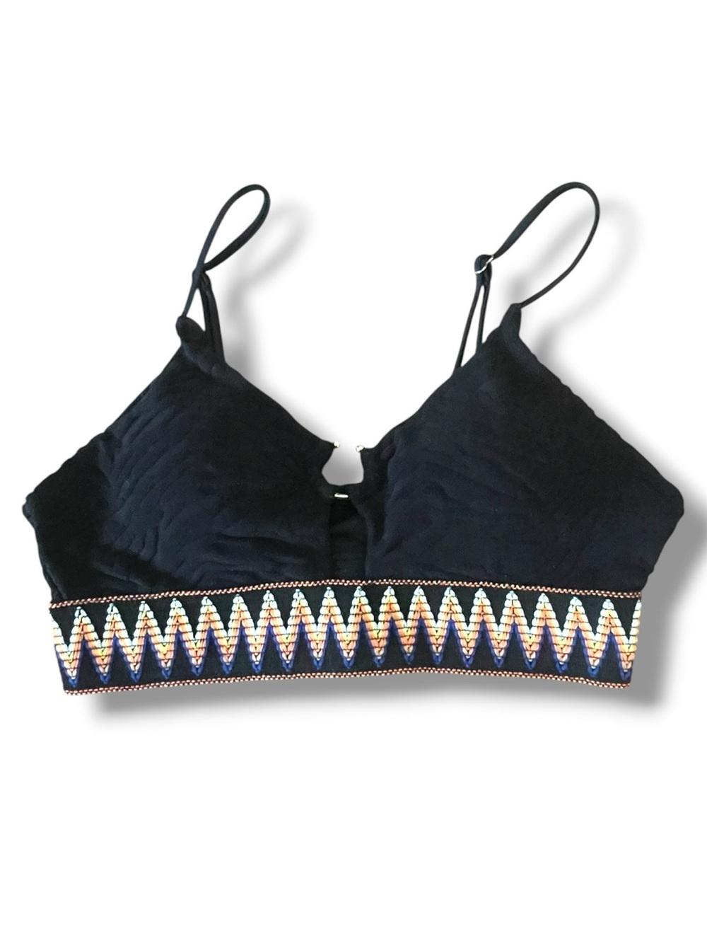 Bralette Crop Top Aztec Textured & Embroidered Trim Ring Detail Boho Festival - Picture 8 of 9